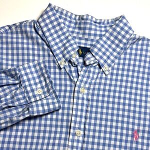 Ralph Lauren Gingham Check Blue White Men's L Button Down Short Sleeve Shirt